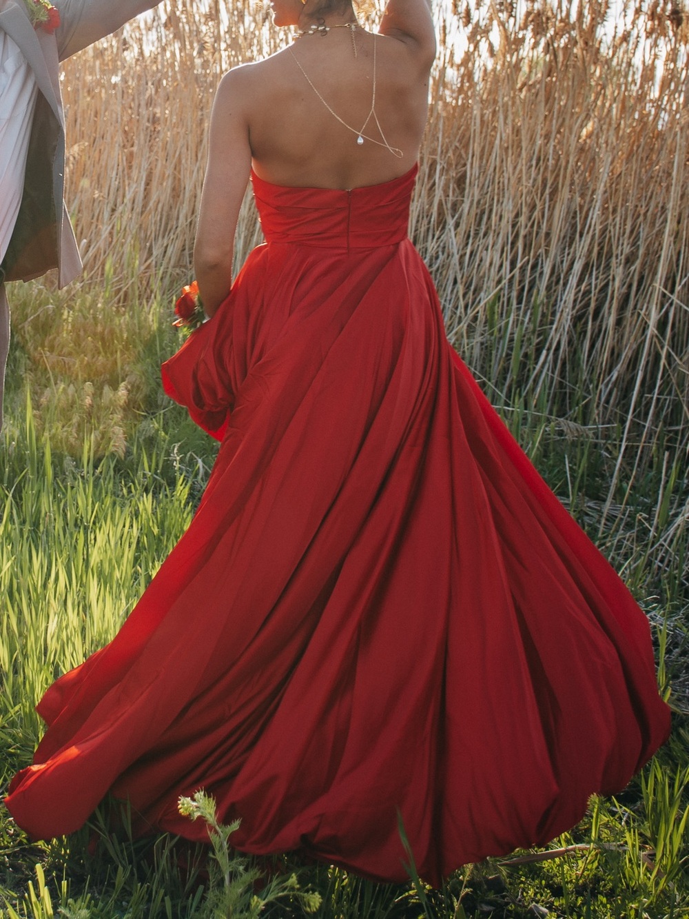 Mac Duggal Strapless Red Maxi Asymmetrical Gown with Flowing Skirt
